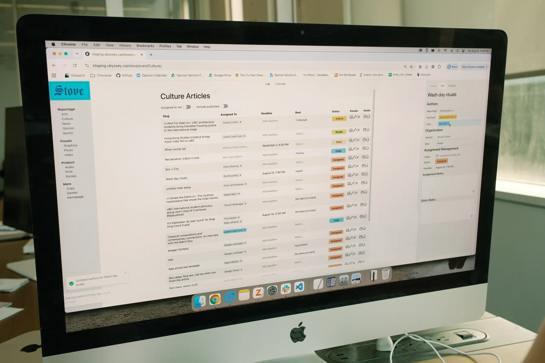 A desktop monitor displaying a list of articles in The Ubyssey's new content management system.