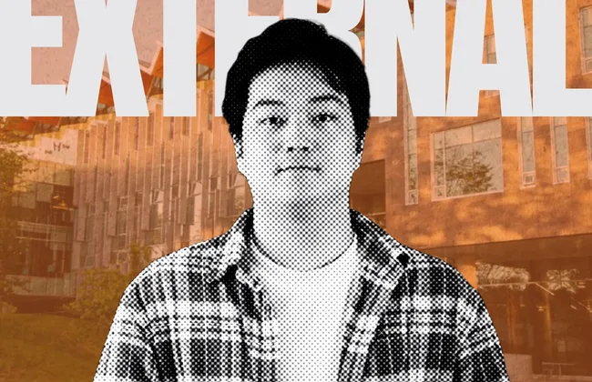 Edited photo featuring Alex Zheng in grey-scale in front of the text "EXTERNAL"