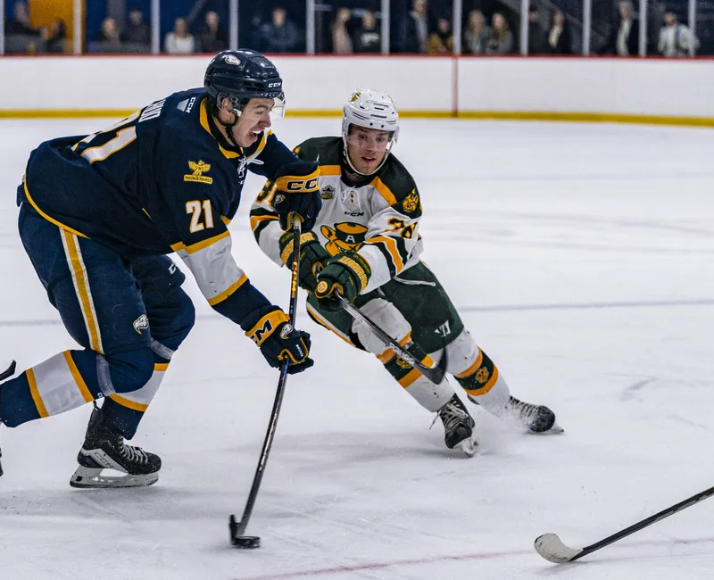 A hockey player in a navy blue jersey kit and helmet are on the left hand side of the image, getting ready to shoot the puck. Another player in a white jersey kit and white helmet in centered, facing the camera, attempting to stop the shot. They are both on an indoor ice rink with white boards. Some fans are blurry in the background, stadning by the boards.