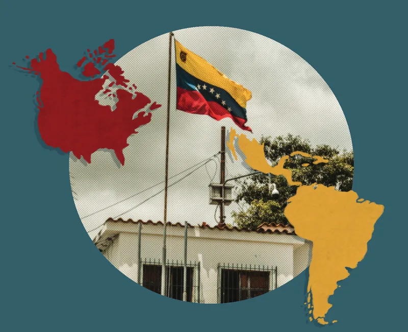 A photo of the Venezuelan flag on a roof, with outlines of North and South America layered on top.