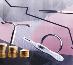 A collage showing different contraceptive methods, coins and a graph line dropping.