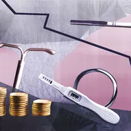 A collage showing different contraceptive methods, coins and a graph line dropping.