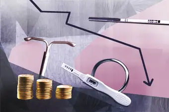 A collage showing different contraceptive methods, coins and a graph line dropping.