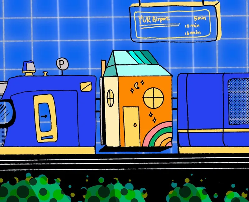 An illustration of a train where one of the cars is replaced by a tiny home.