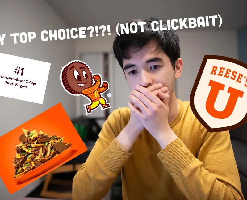 A student looking shocked surrounded by REESE'S University-related images.