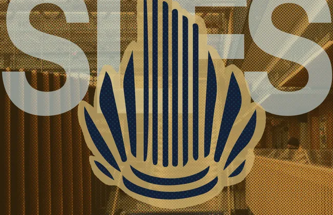 Edited photo featuring the logo for the Student Legal Fund Society which is a roman pillar with leaves shooting up from the back.