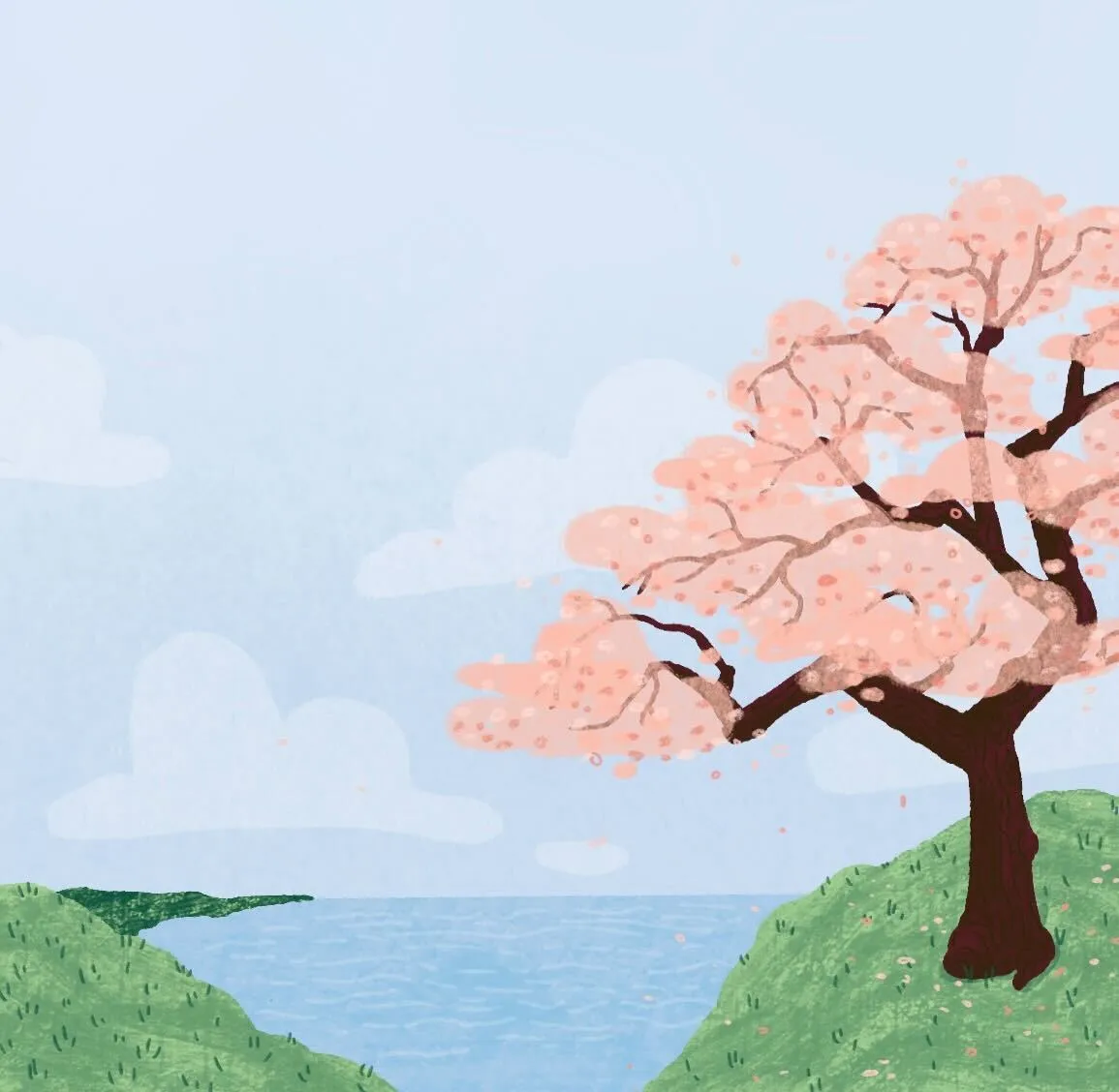 An illustration of a blooming cherry tree over a river