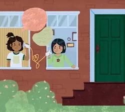 An illustration of two girls speaking to each other via string-can phone through two windows in a brick house with a green door
