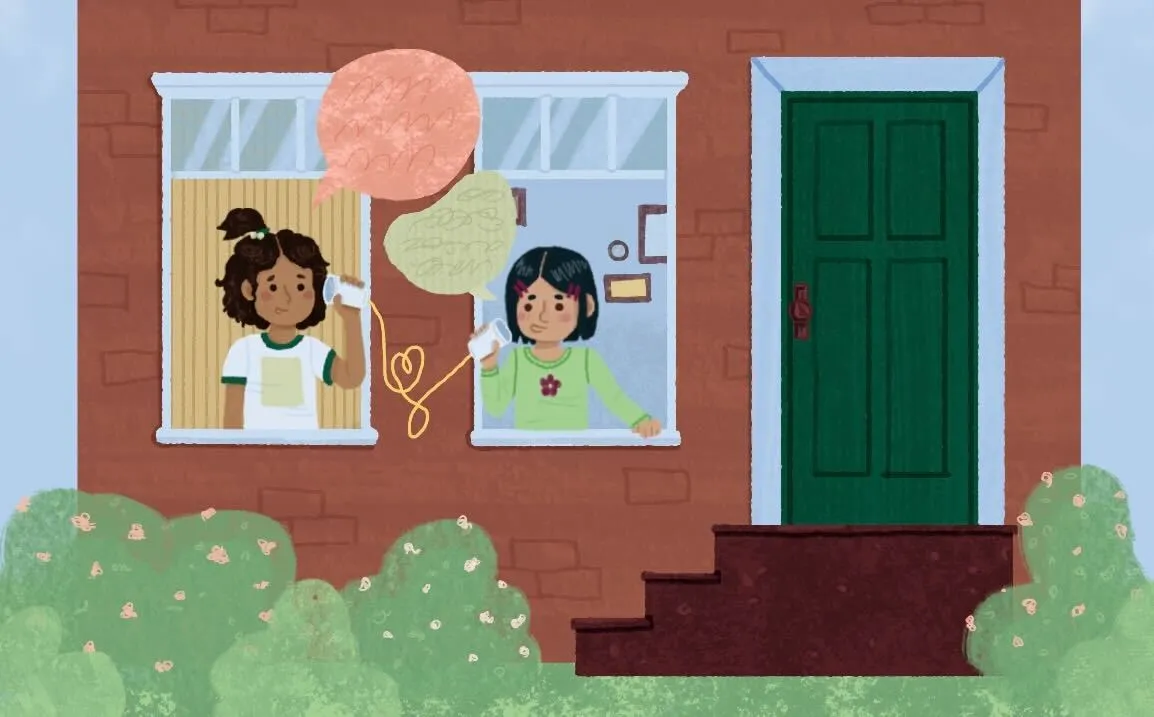 An illustration of two girls speaking to each other via string-can phone through two windows in a brick house with a green door