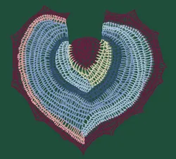 An illustration of multicoloured yarn knitted into a heart-shaped pattern