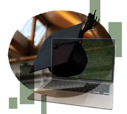 A collage featuring an open laptop with a black screen with a dark-shaded oval and green bars overplayed on top.