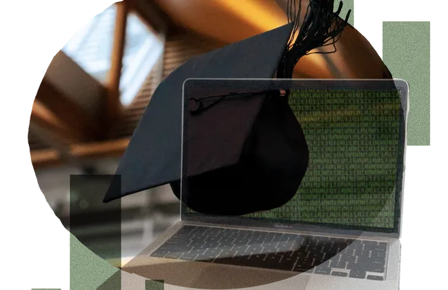 A collage featuring an open laptop with a black screen with a dark-shaded oval and green bars overplayed on top.