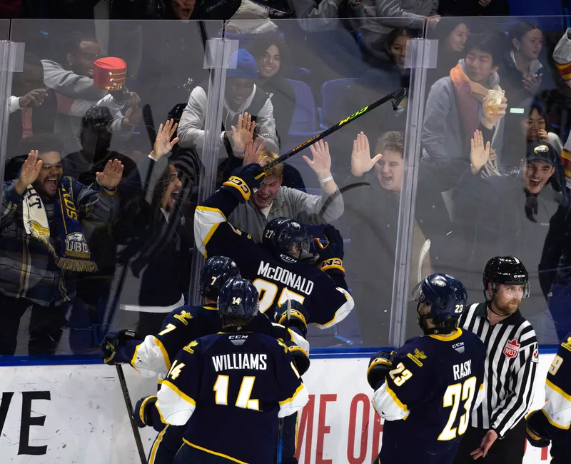 A hockey player in a blue jersey jumps into the plexiglass in celebration while spectators cheer and hit the plexiglass.