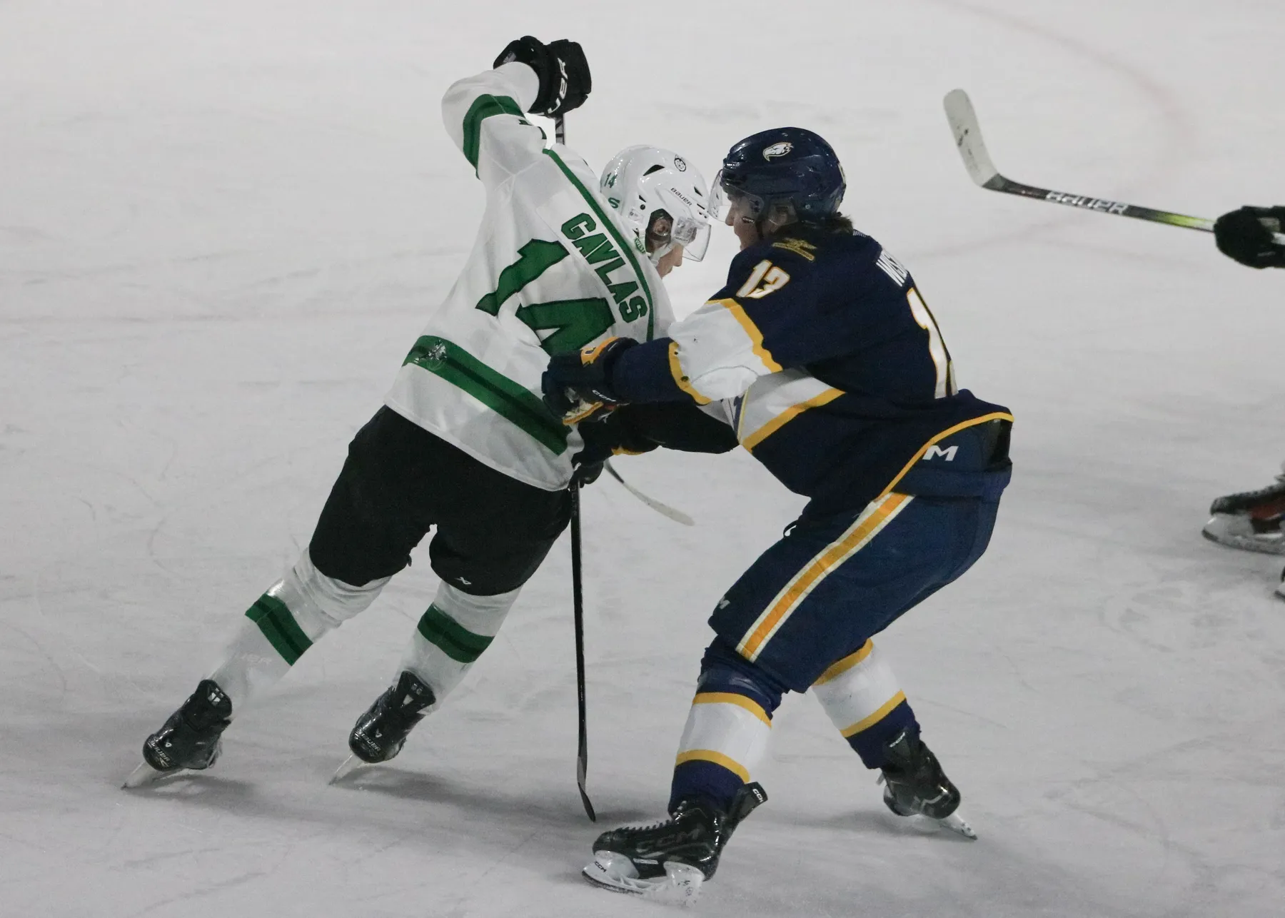 Two hockey players, one in a white and green jersey and the other in navy blue and gold, clash on the ice.