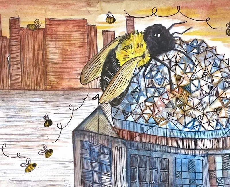 Illustration of a giant bumble bee landed on top of Science World, with other smaller bees buzzing behind it and the downtown Vancouver skyline in the distance.