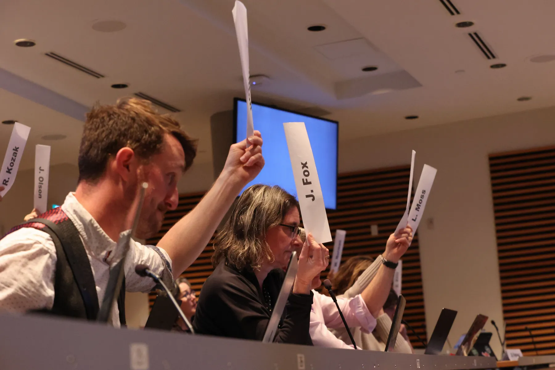A number of people hold up their placards to vote.