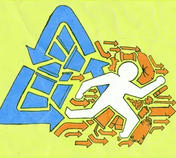 Illustration of a blue recycling symbol wrapped around Friendlier containers, and a human figure running away into a pile of trash.