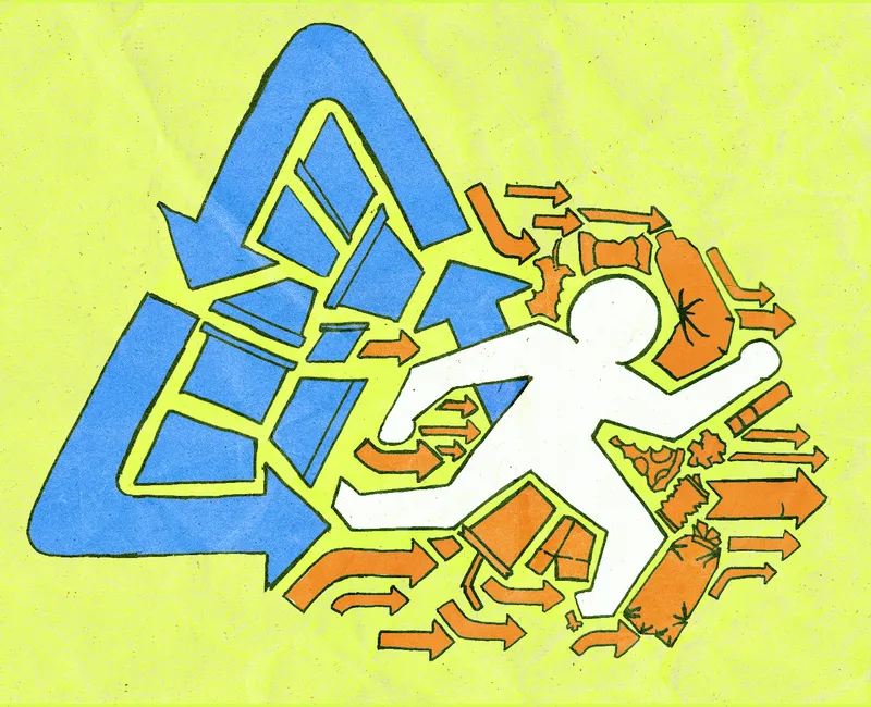 Illustration of a blue recycling symbol wrapped around Friendlier containers, and a human figure running away into a pile of trash.
