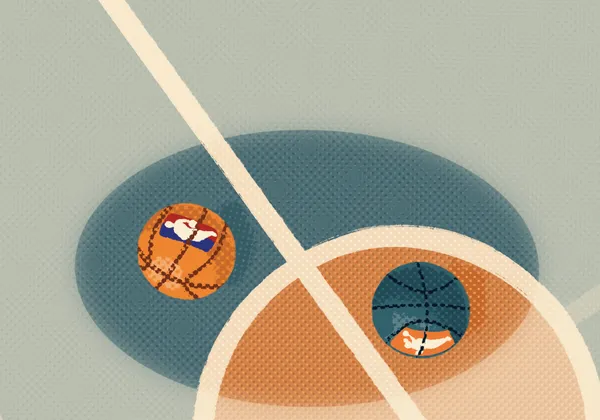 Two basketballs, one with the NBA logo and one with the WNBA logo, lay on an illustrated court with a line running between them.
