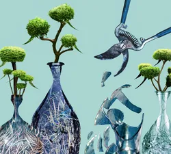 Plants trimmed into speech bubble shapes grow inside glass contsiners. A pruning shear breaks one of the containers.