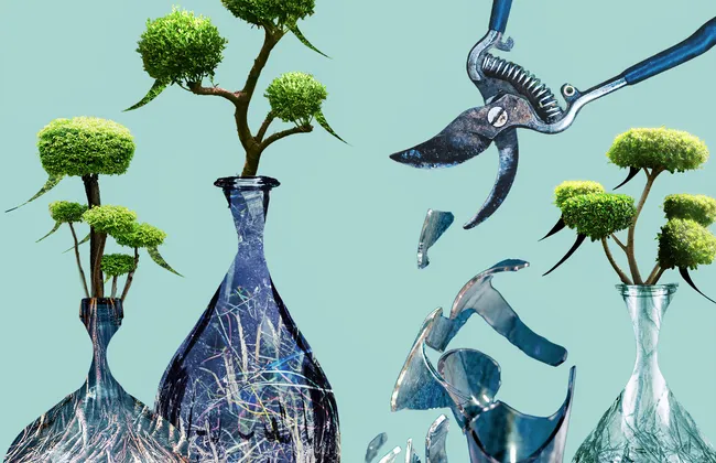 Plants trimmed into speech bubble shapes grow inside glass contsiners. A pruning shear breaks one of the containers.