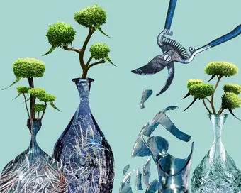 Plants trimmed into speech bubble shapes grow inside glass contsiners. A pruning shear breaks one of the containers.