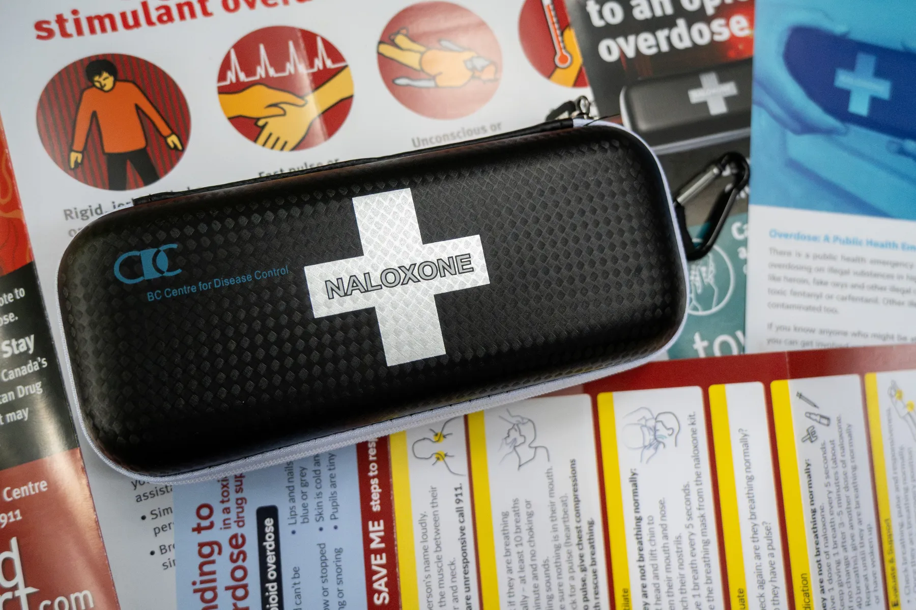 A photo of a naloxone kit over overlapping posters talking about dealing with overdoses.
