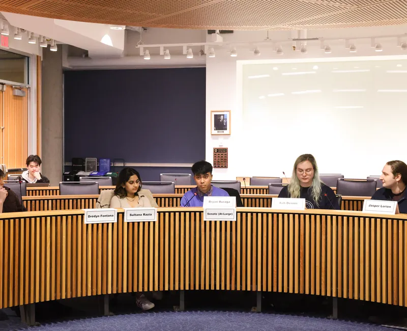 Student Senator At-Large candidates assembled in the Michael Kingsmill Forum during the Great Debate.