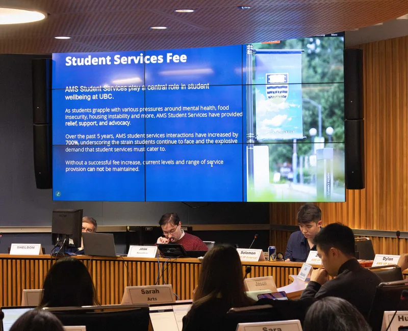 Several people sit in a circular room. Above their heads is a large TV screen with a blue presentation slide that says "student services fee"