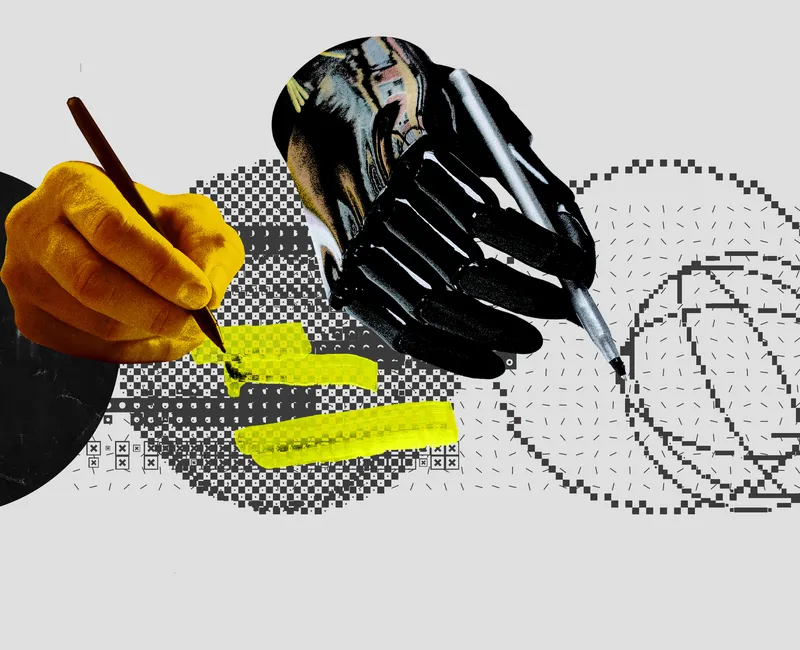 A collage of two hands, one human, one metallic both writing on a white canvas.
