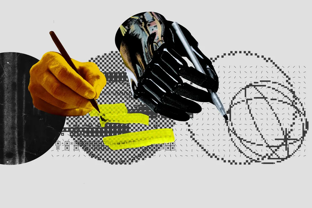 A collage of two hands, one human, one metallic both writing on a white canvas.
