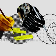 A collage of two hands, one human, one metallic both writing on a white canvas.
