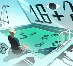 An oversized laptop sits in an endless gridded void. The laptop's screen has "16+" written on it alongside a large illustrated eye. In place of the keyboard is a swimming pool filled with distorted numerals. A young, light-skinned person with shaved hair sits with their legs in the pool, their gaze meeting the computer screen's eye. From beside the computer, a security camera looks on from what would be a lifeguard's elevated seat.