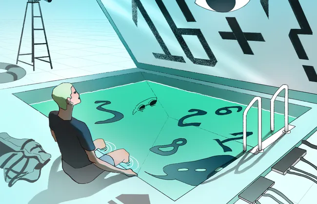 An oversized laptop sits in an endless gridded void. The laptop's screen has "16+" written on it alongside a large illustrated eye. In place of the keyboard is a swimming pool filled with distorted numerals. A young, light-skinned person with shaved hair sits with their legs in the pool, their gaze meeting the computer screen's eye. From beside the computer, a security camera looks on from what would be a lifeguard's elevated seat.