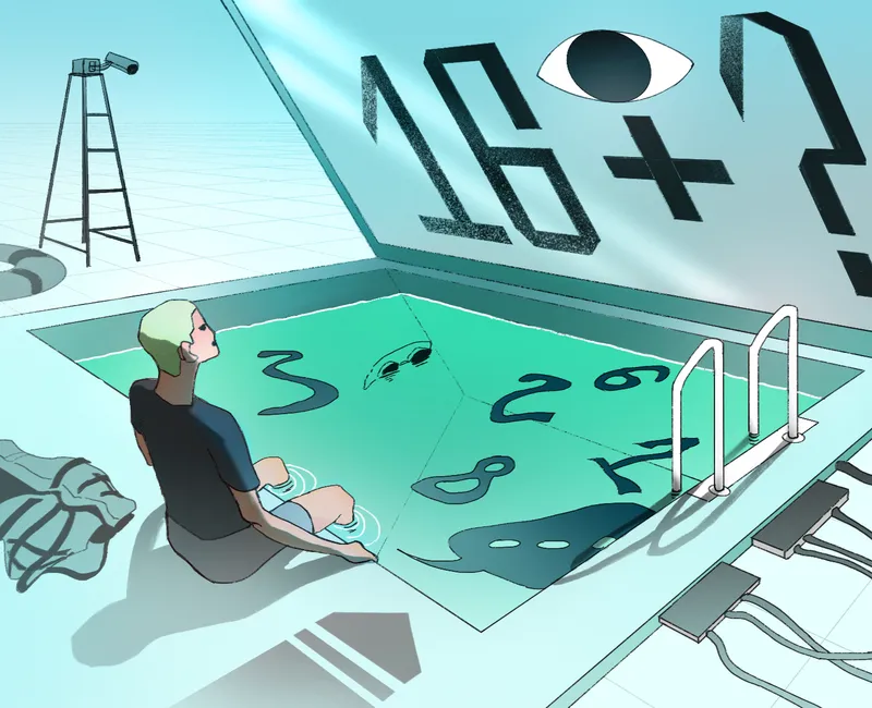 An oversized laptop sits in an endless gridded void. The laptop's screen has "16+" written on it alongside a large illustrated eye. In place of the keyboard is a swimming pool filled with distorted numerals. A young, light-skinned person with shaved hair sits with their legs in the pool, their gaze meeting the computer screen's eye. From beside the computer, a security camera looks on from what would be a lifeguard's elevated seat.