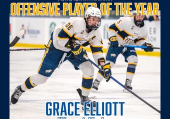A graphic showing that Grace Elliott is the Offensive Player of the Year, with a photo of her shooting the puck.
