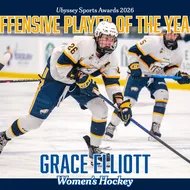 A graphic showing that Grace Elliott is the Offensive Player of the Year, with a photo of her shooting the puck.