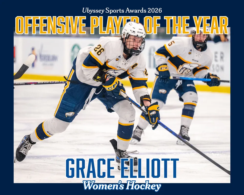 A graphic showing that Grace Elliott is the Offensive Player of the Year, with a photo of her shooting the puck.