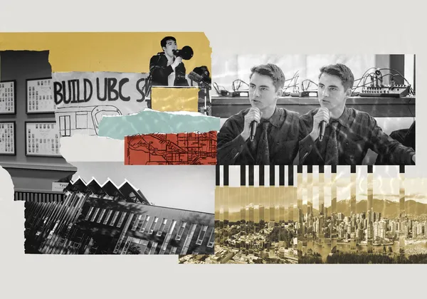 Collage of Solomon Yi-Kieran and Jake Sawatzky, with a picture of AMS Student Nest extending into UBC campus and downtown Vancouver.
