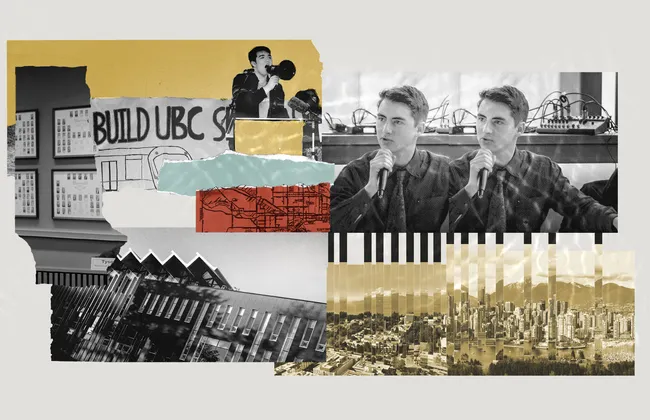 Collage of Solomon Yi-Kieran and Jake Sawatzky, with a picture of AMS Student Nest extending into UBC campus and downtown Vancouver.