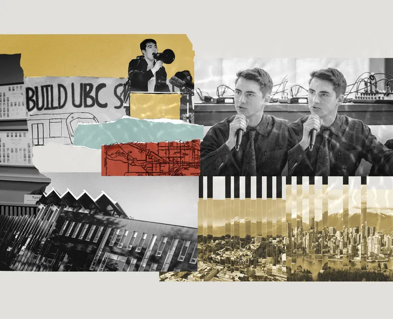Collage of Solomon Yi-Kieran and Jake Sawatzky, with a picture of AMS Student Nest extending into UBC campus and downtown Vancouver.