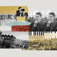 Collage of Solomon Yi-Kieran and Jake Sawatzky, with a picture of AMS Student Nest extending into UBC campus and downtown Vancouver.