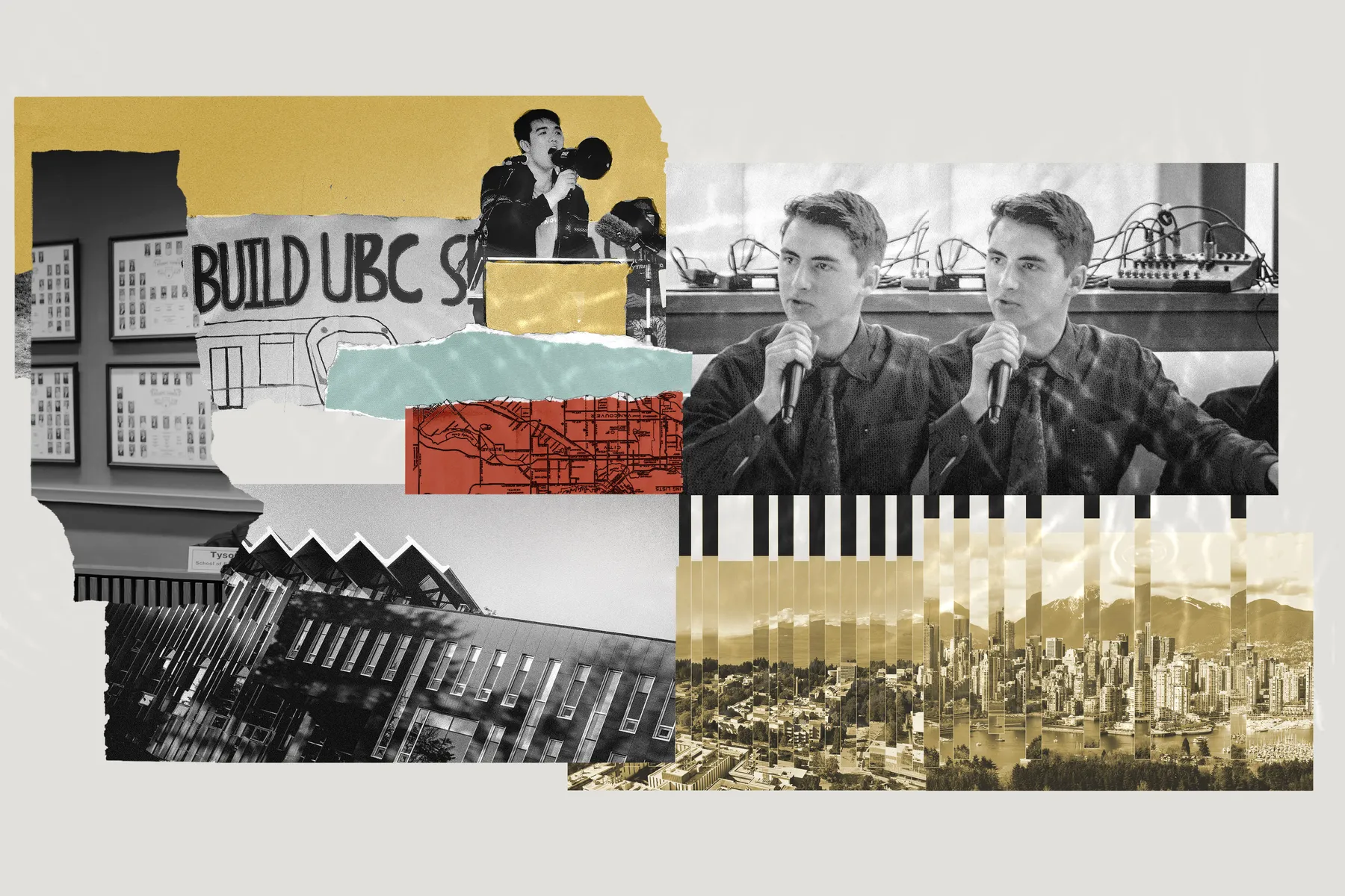 Collage of Solomon Yi-Kieran and Jake Sawatzky, with a picture of AMS Student Nest extending into UBC campus and downtown Vancouver.