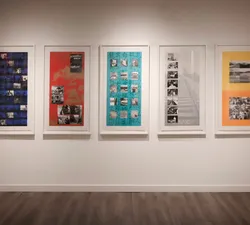 An image of Paul Wong's "Chinese Cafes: The Five Energies" on display at the Sun Wah Centre as part of the Queer Arts Festival. Five differently coloured scrapbook-style prints made up largely of black and white photographs.