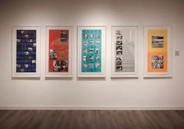 An image of Paul Wong's "Chinese Cafes: The Five Energies" on display at the Sun Wah Centre as part of the Queer Arts Festival. Five differently coloured scrapbook-style prints made up largely of black and white photographs.