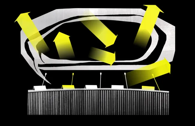 Meeting table with five seats, microphones, and name tags. Two are highlighted in yellow. Speech bubble floats above the table, with yellow arrows pointing in different directions.