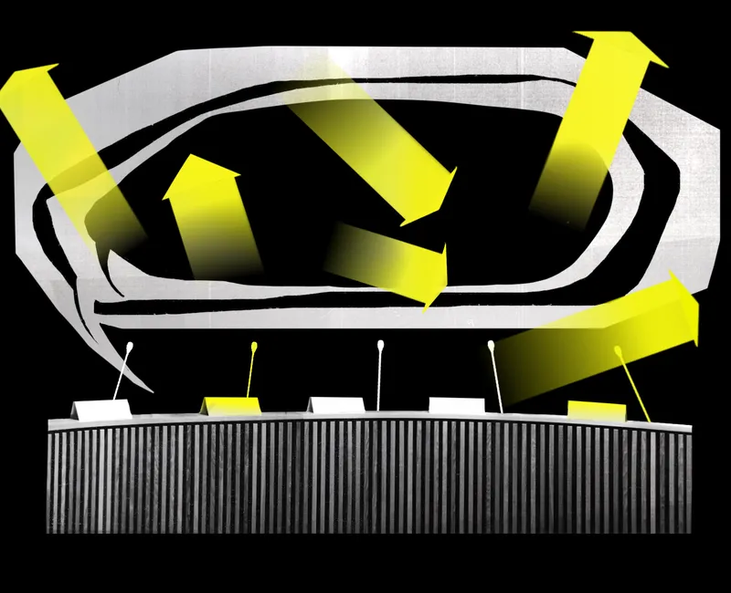 Meeting table with five seats, microphones, and name tags. Two are highlighted in yellow. Speech bubble floats above the table, with yellow arrows pointing in different directions.