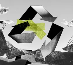 Recycling symbol with an arrow breaking away from the cycle. Green tape sticking on top of the symbol. Backdrop of wasteland and clouds tied to the ground, overlaid with gold foil.