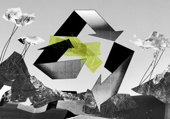 Recycling symbol with an arrow breaking away from the cycle. Green tape sticking on top of the symbol. Backdrop of wasteland and clouds tied to the ground, overlaid with gold foil.
