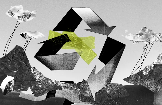 Recycling symbol with an arrow breaking away from the cycle. Green tape sticking on top of the symbol. Backdrop of wasteland and clouds tied to the ground, overlaid with gold foil.